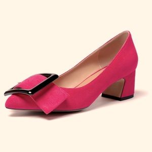 Berry Pink Pointed Toe Faux Suede Block Heel Pump with buckle